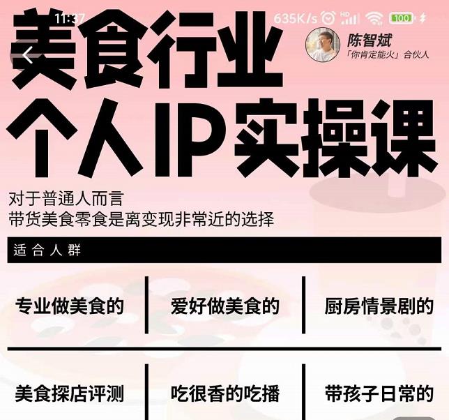 美食行业个人IP实操课，对于普通人而言，带货美食零食是离变现非常近的选择-创奇社 - AI前沿·副业变现·资源教程！