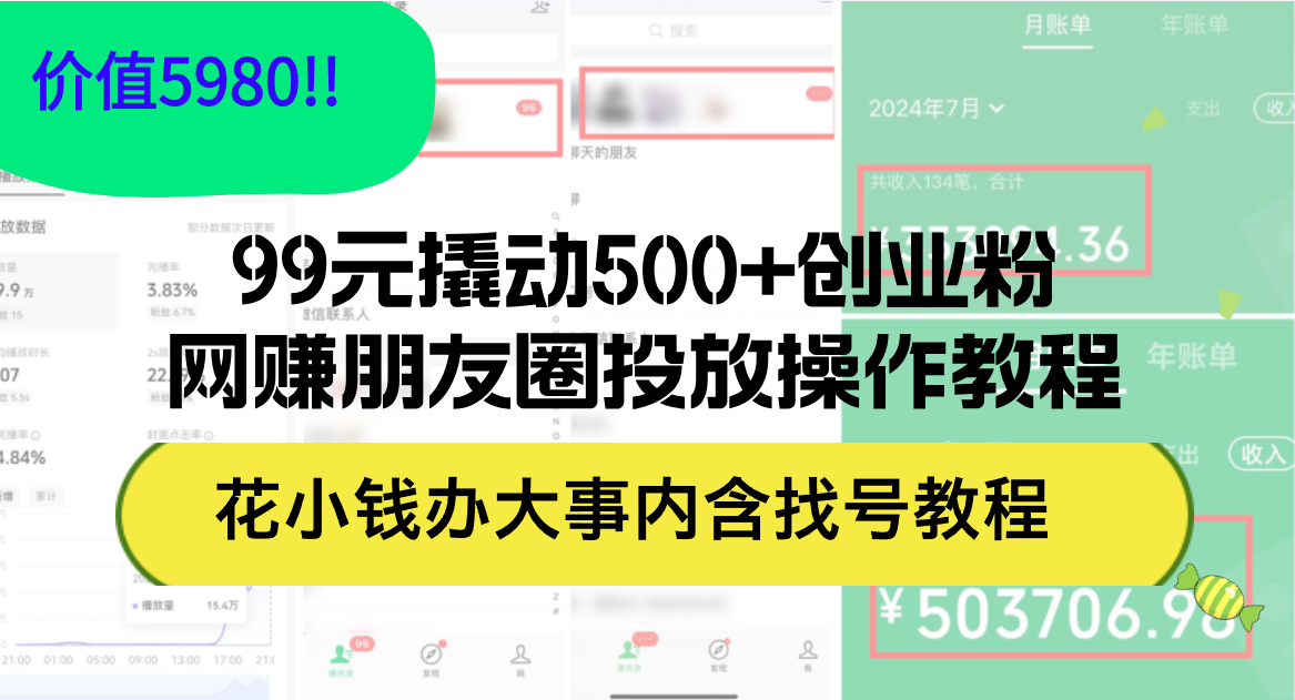 （12431期）99元撬动500+创业粉，网赚朋友圈投放操作教程价值5980！花小钱办大事内…-创奇社