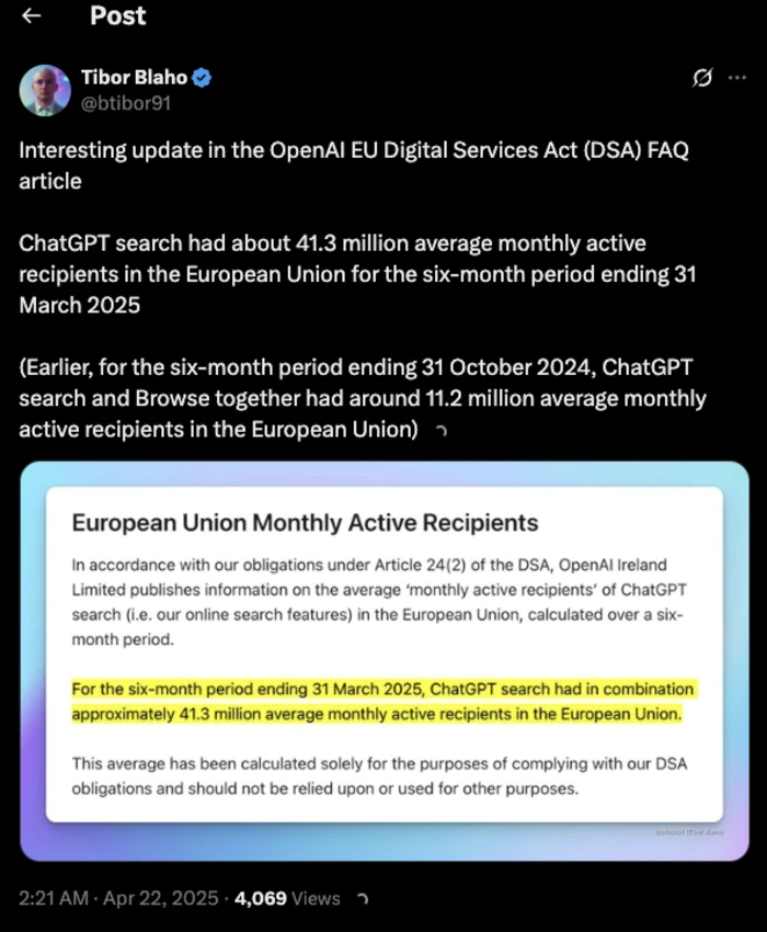 速递|欧盟监管红线近在咫尺,半年内ChatGPT搜索月活从1120万激增至4130万 速递|欧盟监管红线近在咫尺,半年内ChatGPT搜索月活从1120万激增至4130万