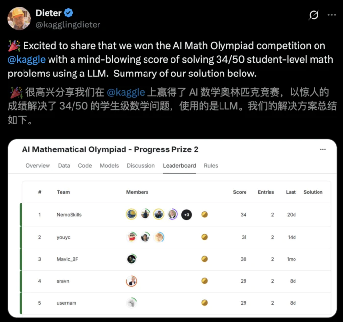 AI奥数大奖出炉,英伟达摘桂冠!14B破解34题暴击DeepSeek R1-2 AI奥数大奖出炉,英伟达摘桂冠!14B破解34题暴击DeepSeek R1-2