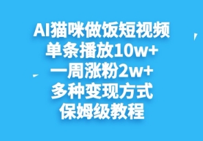 AI猫咪做饭短视频，单条播放10w+，一周涨分2w+，多种变现方式，保姆级教程-创奇社