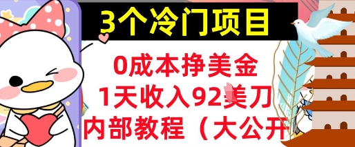 3个冷门项目，0成本挣美金，1天收入92刀，超简单， 内部教程(首次公开)-创奇社