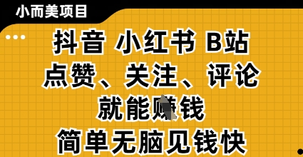 小而美的项目，抖音小红书B站视频点赞、关注、评论就能挣钱，简单无脑立见收益，妥妥的零撸项目-创奇社