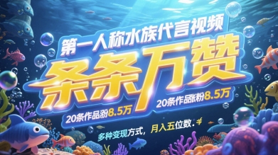第一人称水族代言视频，条条万赞，20条作品涨粉7.8W，多种变现方式月入五位数-创奇社