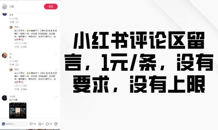 小红书评论区留言，1元条，没有要求，没有上限-创奇社 - AI前沿·副业变现·资源教程！