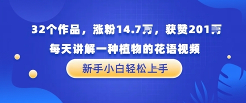 32个作品，涨粉14.7W，获赞201W，每天讲解一种植物的花语视频，无需任何技巧，新手小白轻松上手-创奇社 - AI前沿·副业变现·资源教程！