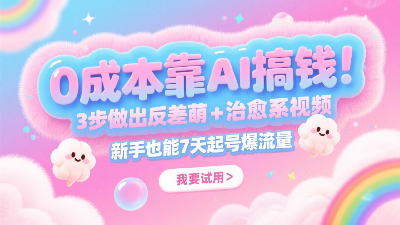 0成本靠AI搞钱！3步做出反差萌+治愈系视频，新手也能7天起号爆流量，月入5位数-创奇社 - AI前沿·副业变现·资源教程！