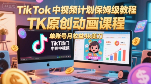TikTok中视频计划保姆级教程，TK原创动画课程，单账号月收益4k美刀-创奇社 - AI前沿·副业变现·资源教程！